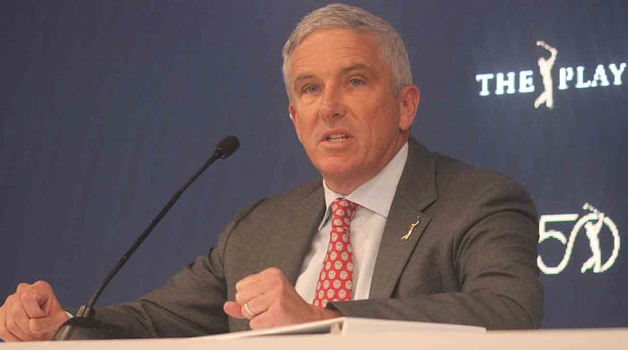 PGA Tour commissioner Jay Monahan speaks prior to the 2024 Players Championship in Ponte Vedra Beach, Fla.